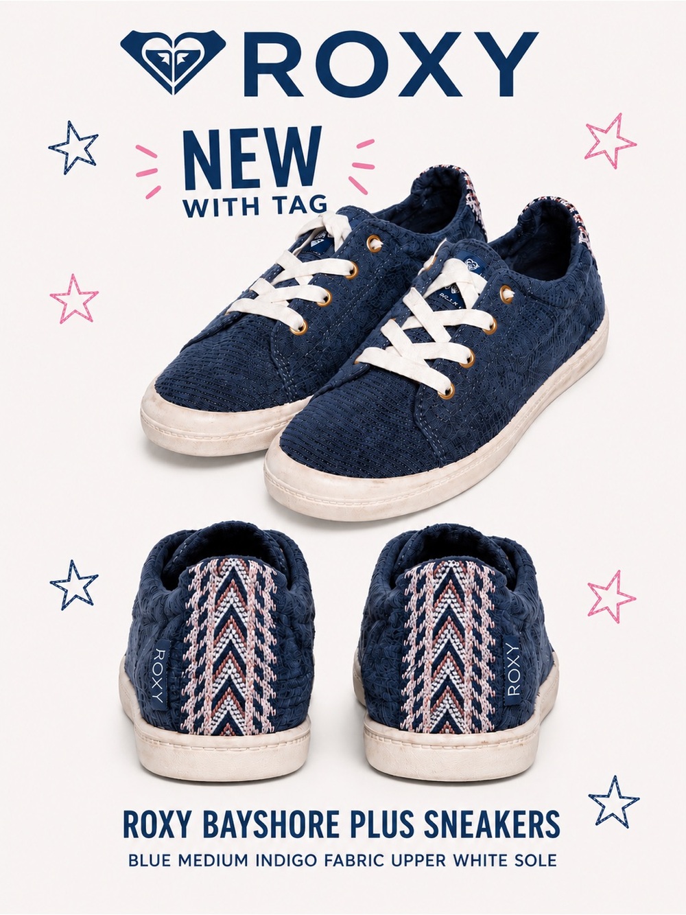 Roxy Bayshore Plus sneakers blue medium indigo fabric upper white sole
NWT Sz 8